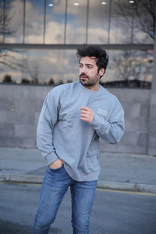 Erkek 3 İplik Gri New For All Sırt  Baskılı Sweatshirt 